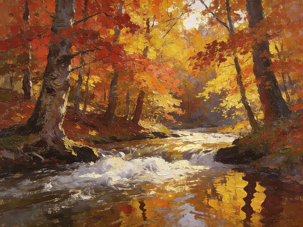 Small Oil Paintings on Canvas, An Autumn Brook through the Deep Woods, Hand Painted Canvas Art, Heavy Texture Artwork, Original Oil Paintings, Small Landscape Paintings-Silvia Home Craft