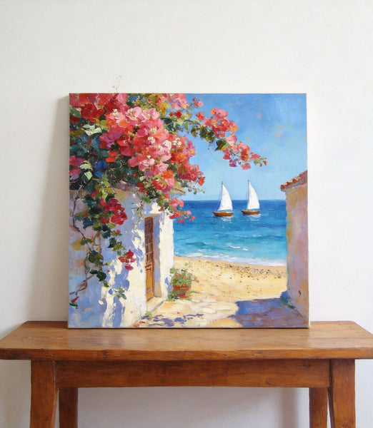 Blooming Bougainvillea and the Azure Mediterranean, Hand Painted Canvas Art, Seashore Beach Paintings, Original Oil Paintings, Buy Small Artwork Online-Silvia Home Craft
