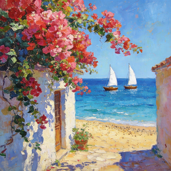 Blooming Bougainvillea and the Azure Mediterranean, Hand Painted Canvas Art, Seashore Beach Paintings, Original Oil Paintings, Buy Small Artwork Online-Silvia Home Craft