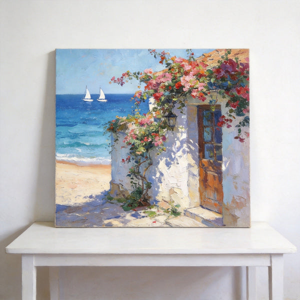 Hand Painted Canvas Art, Blooming Bougainvillea and the Azure Mediterranean, Seashore Beach Paintings, Original Oil Paintings, Buy Small Artwork Online-Silvia Home Craft