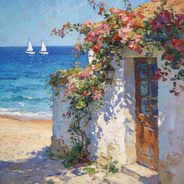 Hand Painted Canvas Art, Blooming Bougainvillea and the Azure Mediterranean, Seashore Beach Paintings, Original Oil Paintings, Buy Small Artwork Online-Silvia Home Craft
