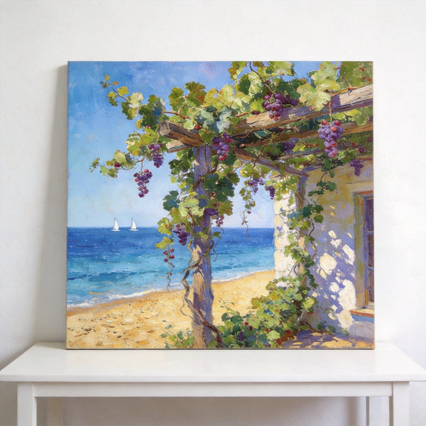 Hand Painted Canvas Art, Summer Glow on the Vine-Covered Terrace, Seashore Beach Paintings, Original Oil Paintings, Buy Small Artwork Online-Silvia Home Craft
