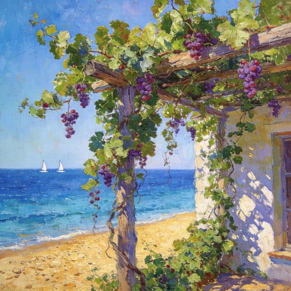 Hand Painted Canvas Art, Summer Glow on the Vine-Covered Terrace, Seashore Beach Paintings, Original Oil Paintings, Buy Small Artwork Online-Silvia Home Craft