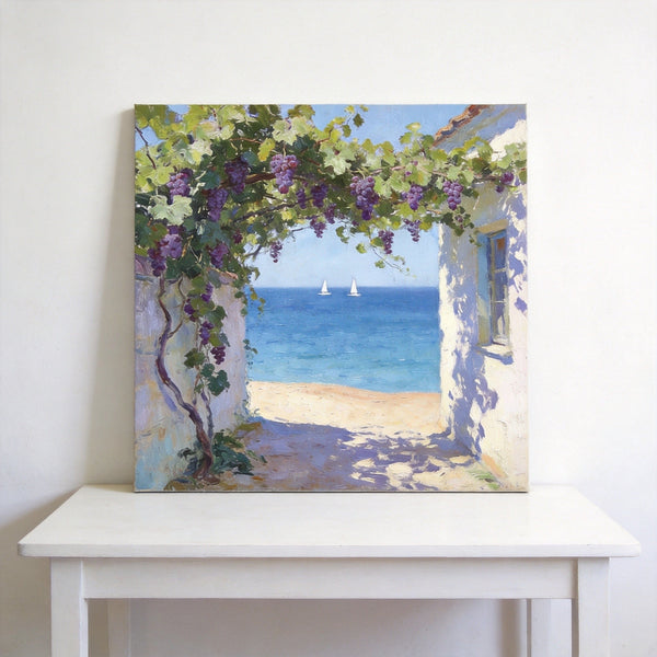 Summer Glow on the Vine-Covered Terrace, Seashore Beach Paintings, Hand Painted Canvas Art, Original Oil Paintings, Buy Small Artwork Online-Silvia Home Craft