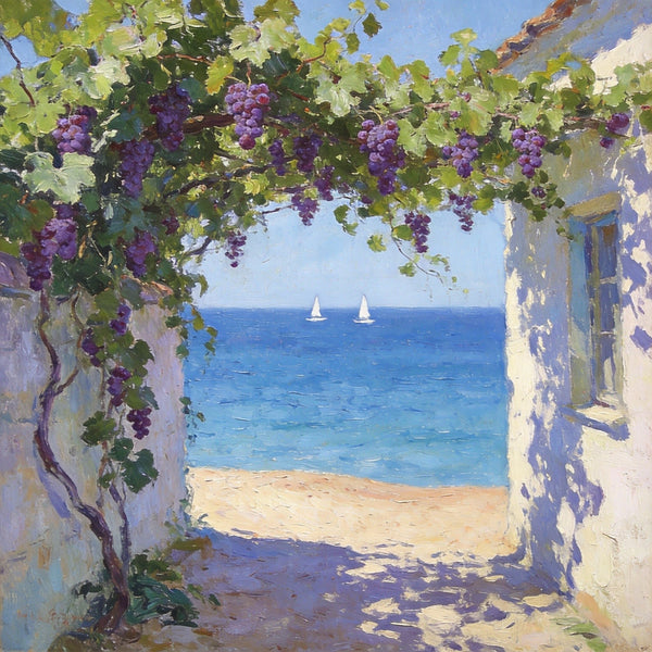 Summer Glow on the Vine-Covered Terrace, Seashore Beach Paintings, Hand Painted Canvas Art, Original Oil Paintings, Buy Small Artwork Online-Silvia Home Craft