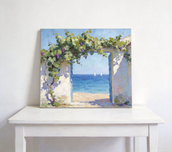 Original Small Paintings, Seaside Cottage Under the Grape Canopy, Hand Painted Canvas Art, Small Canvas Wall Art Paintings, Original Oil Paintings-Silvia Home Craft