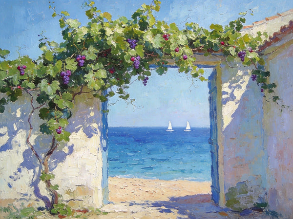 Original Small Paintings, Seaside Cottage Under the Grape Canopy, Hand Painted Canvas Art, Small Canvas Wall Art Paintings, Original Oil Paintings-Silvia Home Craft