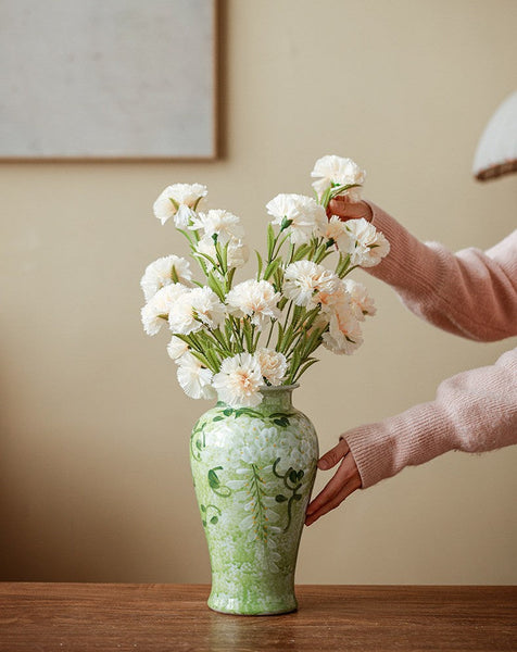 Centerpiece Ceramic Bud Vases, Large Flower Vases on Table, Green Porcelain Flower Vases, Handmade Water Holding Flower Vase-Silvia Home Craft