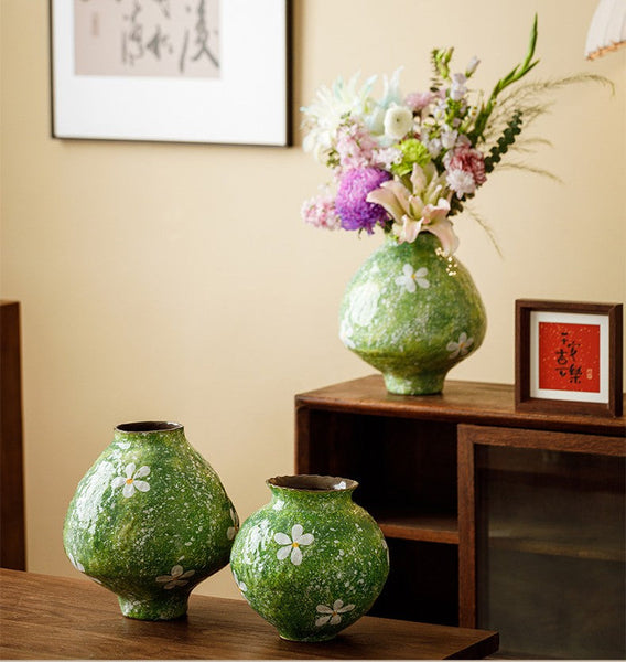 Centerpiece on Dining Table, Handmade Water Holding Flower Vases, Modern Pottery Flower Vases, Pottery Bud Vases, Large Green Flower Vases on Table-Silvia Home Craft