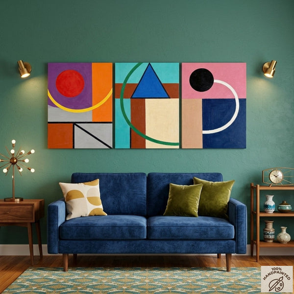 Abstract Geometric Contemporary Artwork, Modern Paintings for Mid Century Living Room, Multi Panel Canvas Art-Silvia Home Craft