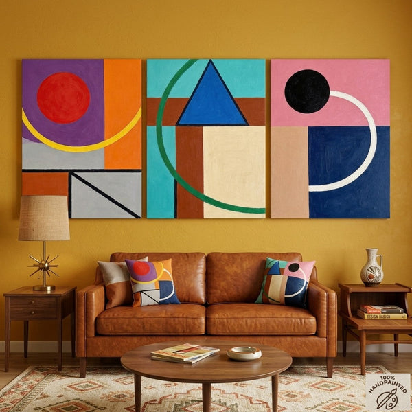 Abstract Geometric Contemporary Artwork, Modern Paintings for Mid Century Living Room, Multi Panel Canvas Art-Silvia Home Craft