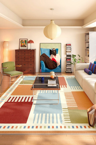 Mid Century Modern Rugs Next to Bed, Colorful Contemporary Rugs for Bedroom, Modern Rugs for Dining Room, Abstract Modern Carpets for Apartment-Silvia Home Craft