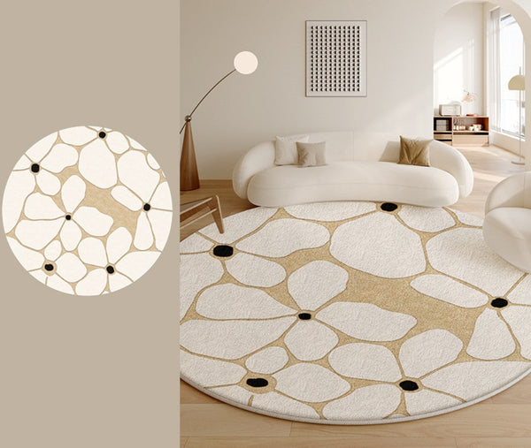 Flower Pattern Circular Modern Rugs under Chairs, Contemporary Modern Rugs for Living Room, Geometric Round Rugs for Dining Room, Bedroom Abstract Modern Area Rugs-Silvia Home Craft