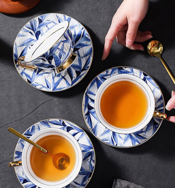 Unique British Tea Cup and Saucer in Gift Box, Blue Porcelain Tea Cup Saucer Set, 7.4 oz British Ceramic Coffee Cups-Silvia Home Craft