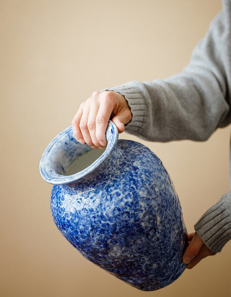 Modern Pottery Flower Vases, Handmade Water Holding Flower Vases, Centerpiece on Dining Table, Blue Pottery Bud Vases, Large Flower Vases on Table-Silvia Home Craft