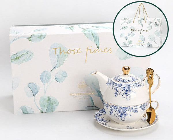 British Style Porcelain Teapot with Matching Cup and Saucer in Gift Box, Ceramic Tea Pot with Integrated Cup, Stackable Teapot and Cup Set, Mother-and-Baby Teapot with Matching Saucer-Silvia Home Craft
