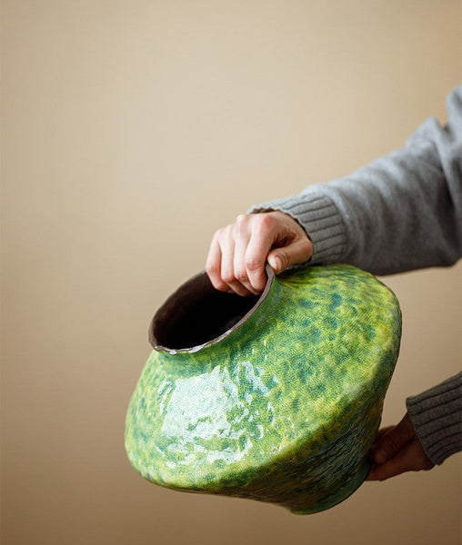 Centerpiece on Dining Table, Modern Pottery Flower Vases, Handmade Water Holding Flower Vases, Pottery Bud Vases, Large Green Flower Vases on Table-Silvia Home Craft