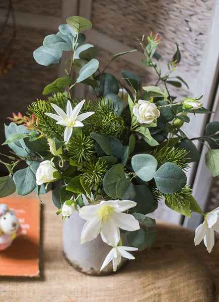 Eucalyptus Globulus, Clematis, White Rose Flowers, Unique Flower Arrangement for Home Decoration, Beautiful Modern Artificial Flowers for Dining Room Table-Silvia Home Craft