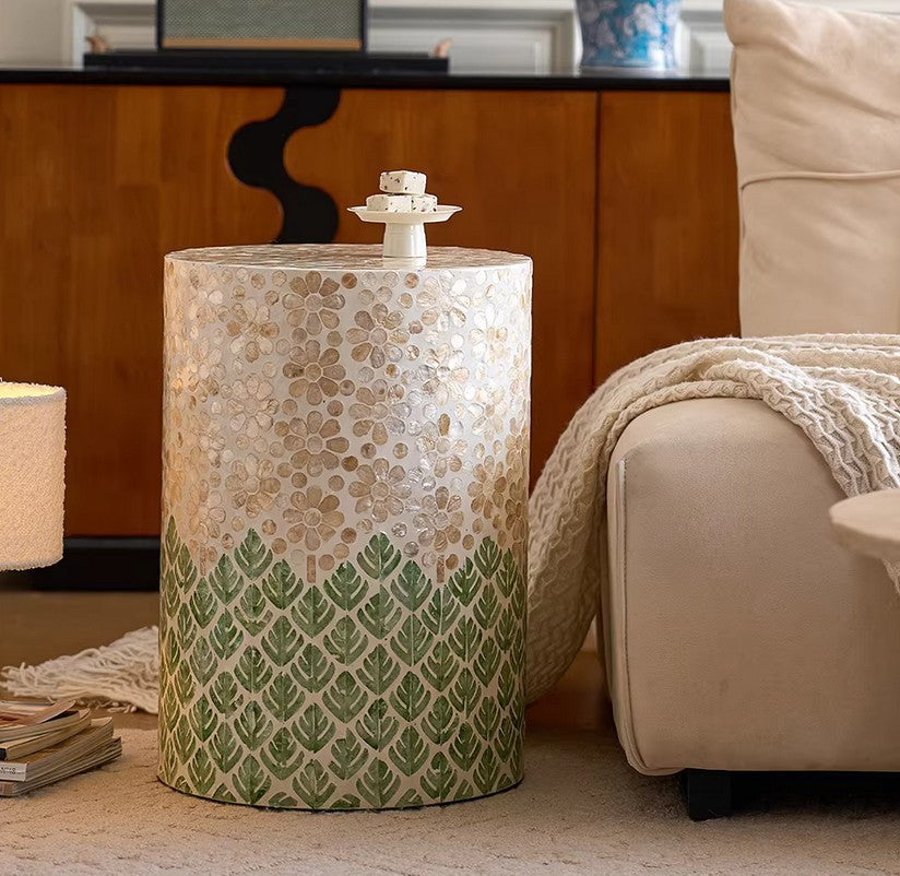 Creative Coffee Table Contemporary Side Table Small End Table Modern Nightstand Handmade Shell Accent Table Unique Home Decor Natural Shell Mosaic Artistic Round Table