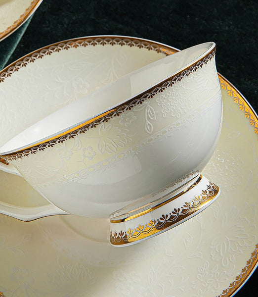Elegant British Ceramic Coffee Cups, 7.8 oz Porcelain Coffee Cup Set, White Ceramic Cups, Unique Tea Cup and Saucer in Gift Box-Silvia Home Craft