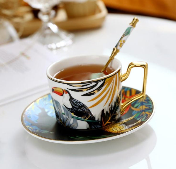 Elegant Tea Cup and Saucer, Jungle Toucan Pattern Porcelain Coffee Cups, 7.4 oz Coffee Cups with Gold Trim and Gift Box-Silvia Home Craft