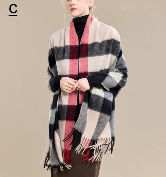 Checkered Fashion Scarf, Warm Cape, Gifts for Her, Long Wool Scarf, Soft Wool Scarf for Women, Evening Wrap, Christmas Gift, Winter Shawl, Elegant Shawl-Silvia Home Craft