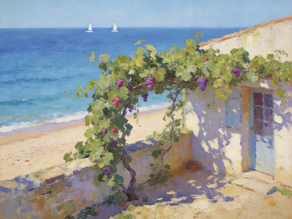 Original Landscape Paintings, Summer Glow on the Vine-Covered Terrace, Hand Painted Canvas Art, Seashore Beach Painting, Small Canvas Wall Art Paintings, Buy Art Online, Original Oil Paintings-Silvia Home Craft