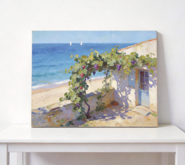 Original Landscape Paintings, Summer Glow on the Vine-Covered Terrace, Hand Painted Canvas Art, Seashore Beach Painting, Small Canvas Wall Art Paintings, Buy Art Online, Original Oil Paintings-Silvia Home Craft