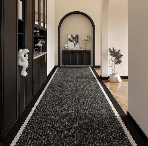 Modern Entryway Runner Rug Ideas, Geometric Black Contemporary Runner Rugs, Easy Care Long Hallway Runners, Extra Long Narrow Runner Rugs-Silvia Home Craft