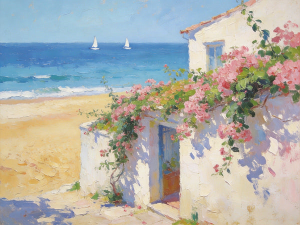 Original Small Paintings, Sunlit Seaside Cottage with Bougainvillea, Seashore Beach Painting, Hand Painted Canvas Art, Small Canvas Wall Art Paintings, Original Oil Paintings-Silvia Home Craft