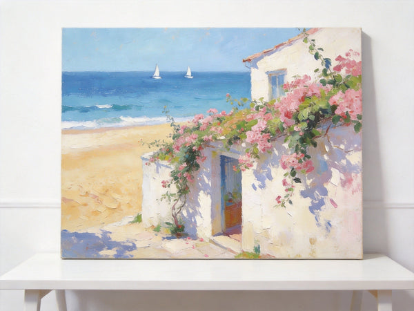 Original Small Paintings, Sunlit Seaside Cottage with Bougainvillea, Seashore Beach Painting, Hand Painted Canvas Art, Small Canvas Wall Art Paintings, Original Oil Paintings-Silvia Home Craft