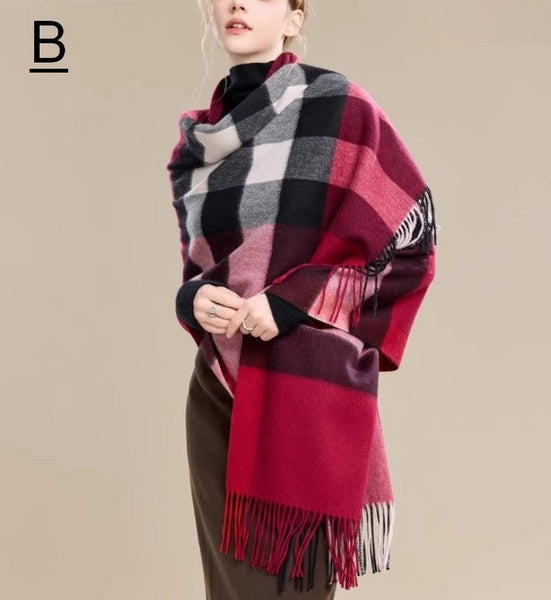 Checkered Fashion Scarf, Warm Cape, Gifts for Her, Long Wool Scarf, Soft Wool Scarf for Women, Evening Wrap, Christmas Gift, Winter Shawl, Elegant Shawl-Silvia Home Craft