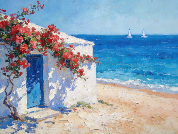 Bougainvillea by the Turquoise Shore, Original Small Paintings, Seashore Beach Painting, Hand Painted Canvas Art, Small Canvas Wall Art Paintings, Original Oil Paintings-Silvia Home Craft