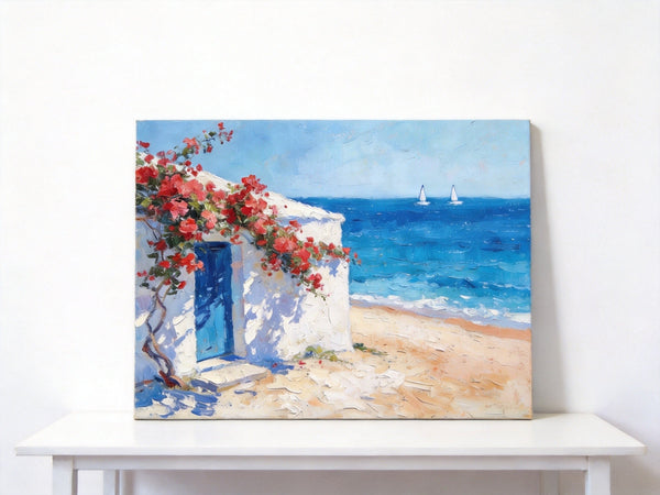 Bougainvillea by the Turquoise Shore, Original Small Paintings, Seashore Beach Painting, Hand Painted Canvas Art, Small Canvas Wall Art Paintings, Original Oil Paintings-Silvia Home Craft
