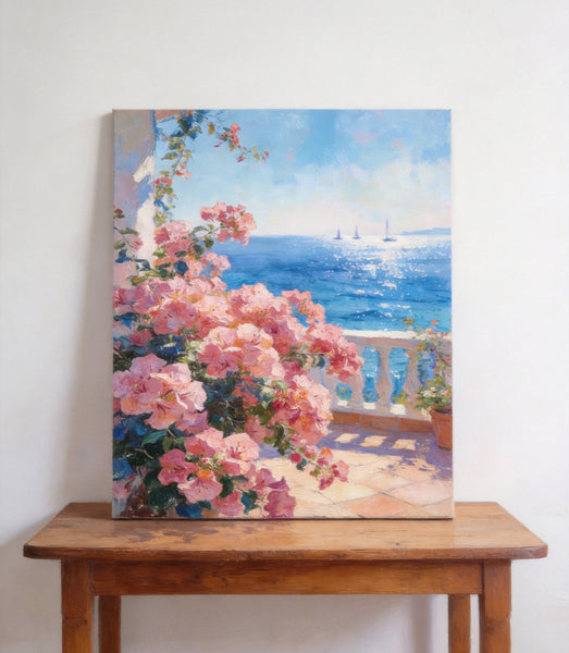 Terrace Blooms and Distant Sails, Original Landscape Paintings, Small Canvas Wall Art Paintings, Original Oil Paintings, Hand Painted Canvas Art-Silvia Home Craft