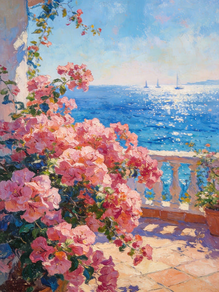 Terrace Blooms and Distant Sails, Original Landscape Paintings, Small Canvas Wall Art Paintings, Original Oil Paintings, Hand Painted Canvas Art-Silvia Home Craft