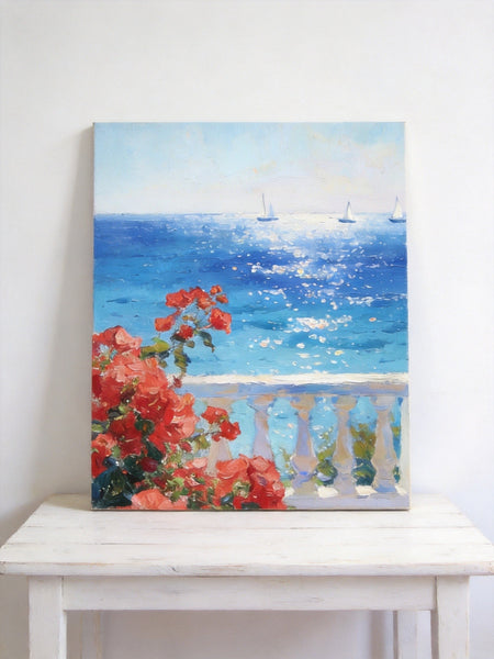 Tranquil Noon at the Coastal Bougainvillea Nook, Hand Painted Canvas Art, Original Landscape Paintings, Small Canvas Wall Art Paintings, Original Oil Paintings-Silvia Home Craft