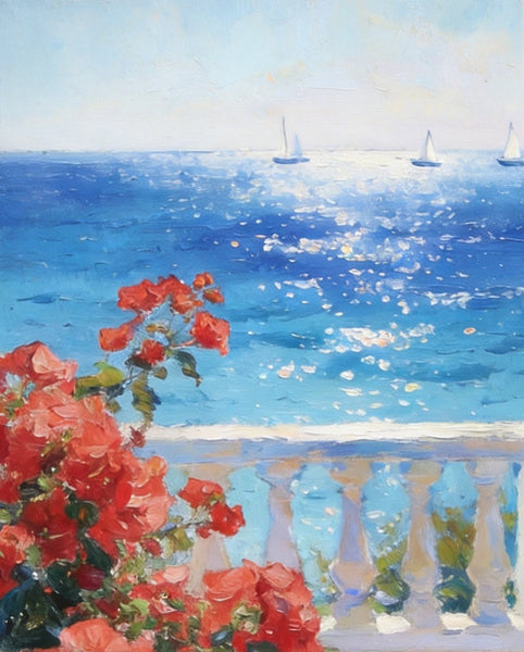 Tranquil Noon at the Coastal Bougainvillea Nook, Hand Painted Canvas Art, Original Landscape Paintings, Small Canvas Wall Art Paintings, Original Oil Paintings-Silvia Home Craft