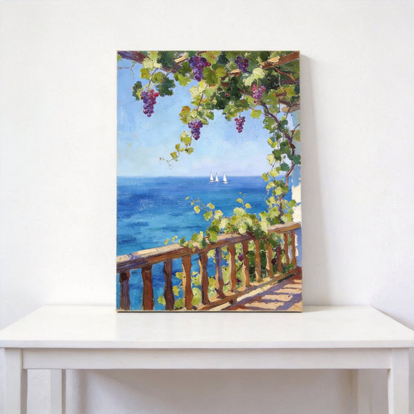 Original Landscape Paintings, Seaside Terrace Under the Grape Canopy, Hand Painted Canvas Art, Small Canvas Wall Art Paintings, Original Oil Paintings-Silvia Home Craft