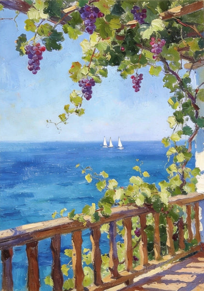 Original Landscape Paintings, Seaside Terrace Under the Grape Canopy, Hand Painted Canvas Art, Small Canvas Wall Art Paintings, Original Oil Paintings-Silvia Home Craft