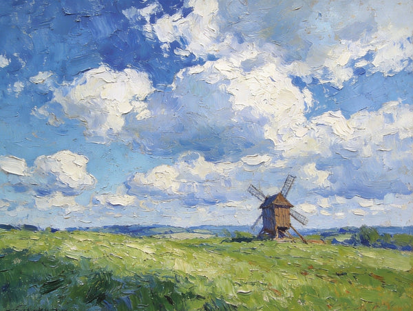 Small Wall Paintings, Windmill on the Vast Meadow, Landscape Artwork Canvas Paintings, On Canvas Small Paintings, Hand Painted Canvas Art, Original Landscape Paintings-Silvia Home Craft