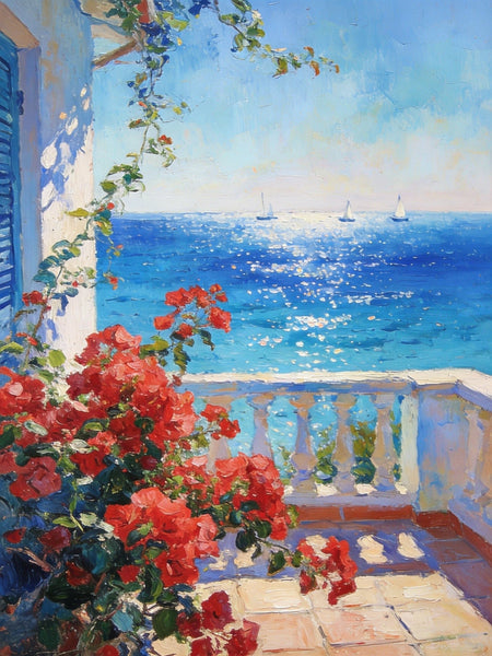 Original Landscape Paintings, Summer Glow on the Flowered Balcony, Small Canvas Wall Art Paintings, Original Oil Paintings, Hand Painted Canvas Art-Silvia Home Craft