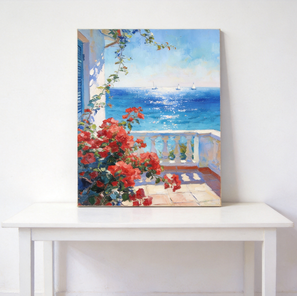 Original Landscape Paintings, Summer Glow on the Flowered Balcony, Small Canvas Wall Art Paintings, Original Oil Paintings, Hand Painted Canvas Art-Silvia Home Craft