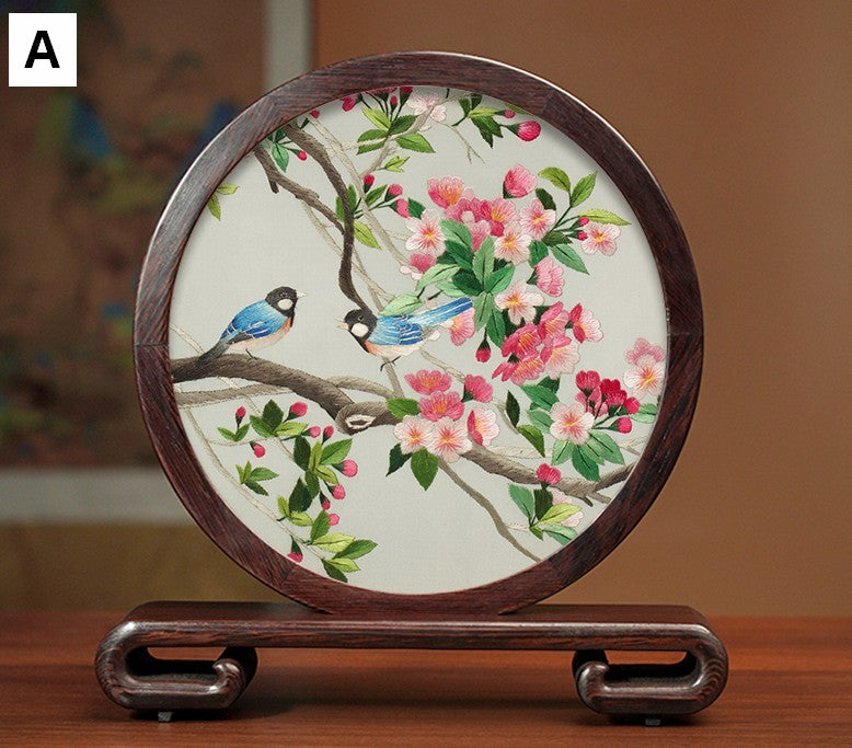 Creative Birthday Gift, Flower and Birds Embroidery Ornaments, Traditional Chinese Suzhou Silk Embroidered Ornament, Premium Souvenir, Exclusive Business Presents-Silvia Home Craft