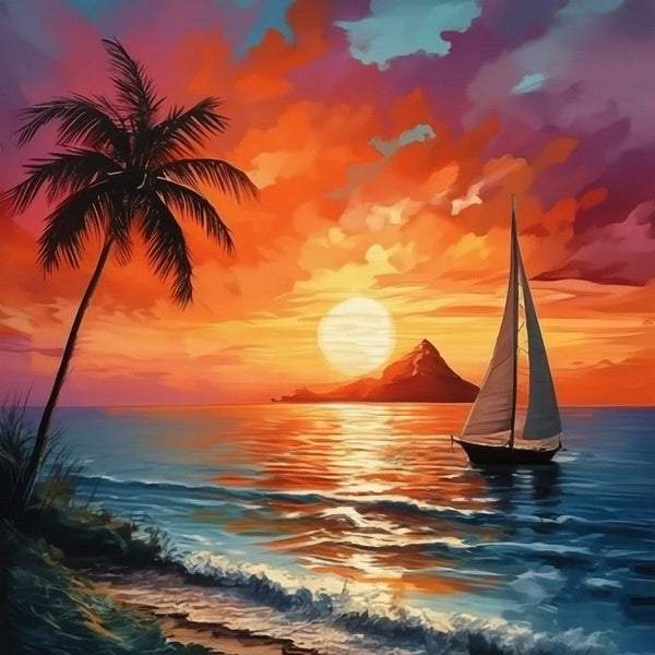 Simple Small Canvas Paintings, Original Small Landscape Paintings, Hawaii Seashore Beach Palm Tree Sunset Painting, Heavy Texture Acrylic Artwork, Easy Landscape Painting Ideas-Silvia Home Craft
