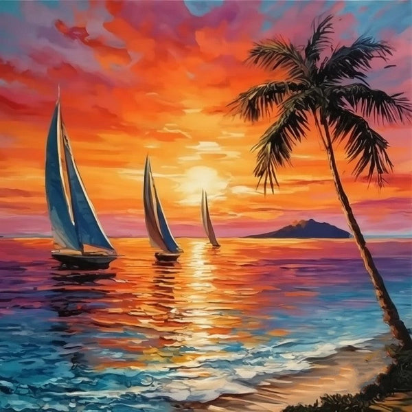 Original Small Landscape Paintings, Hawaii Seashore Sail Boat Palm Tree Painting, Beach Sunset Painting, Heavy Texture Acrylic Artwork, Easy Landscape Painting Ideas, Simple Small Canvas Paintings-Silvia Home Craft