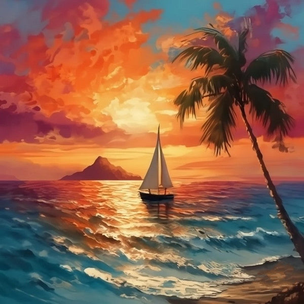 Beach Sunset Painting, Heavy Texture Acrylic Artwork, Original Small Landscape Paintings, Hawaii Seashore Sail Boat Palm Tree Painting, Easy Landscape Painting Ideas, Simple Small Canvas Paintings-Silvia Home Craft