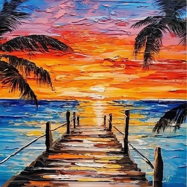 Original Small Landscape Paintings, Hawaii Seashore Palm Tree Painting, Easy Landscape Painting Ideas, Simple Small Canvas Paintings, Beach Sunset Painting, Heavy Texture Acrylic Artwork-Silvia Home Craft