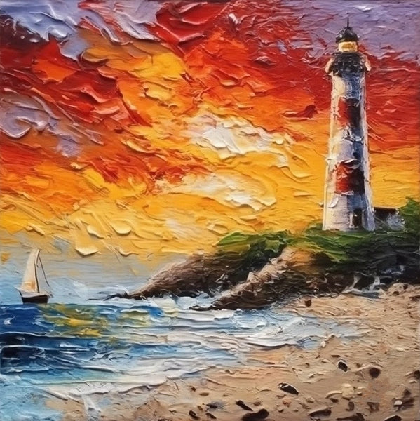 Small Hand Painted Art, Seashore Lighthouse Sunset Painting, Heavy Texture Canvas Artwork, Easy Landscape Painting Ideas, Simple Small Canvas Paintings-Silvia Home Craft