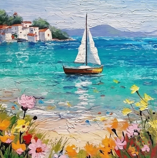 Small Hand Painted Canvas Art, Easy Landscape Painting Ideas, Simple Small Canvas Paintings, Sail Boat Seashore Floral Beach Painting, Original Small Landscape Paintings, Heavy Texture Canvas Art-Silvia Home Craft